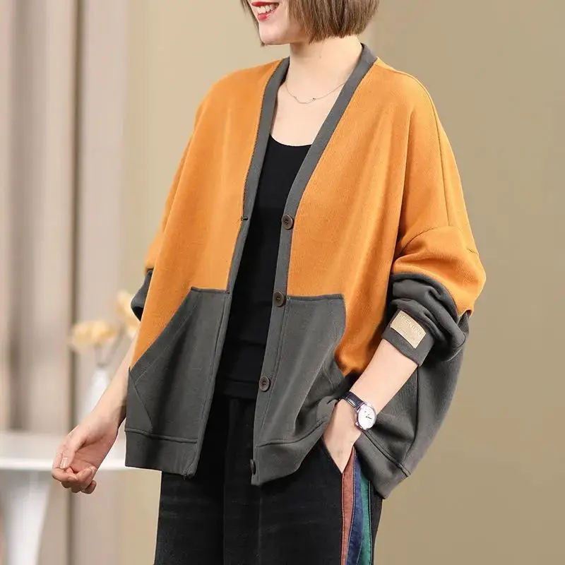 Spring Autumn New Women Casual Loose Patchwork Long Sleeve V-Neck Pocket Coat Female Button Cardigan Tops Ladies Clothing Jacket