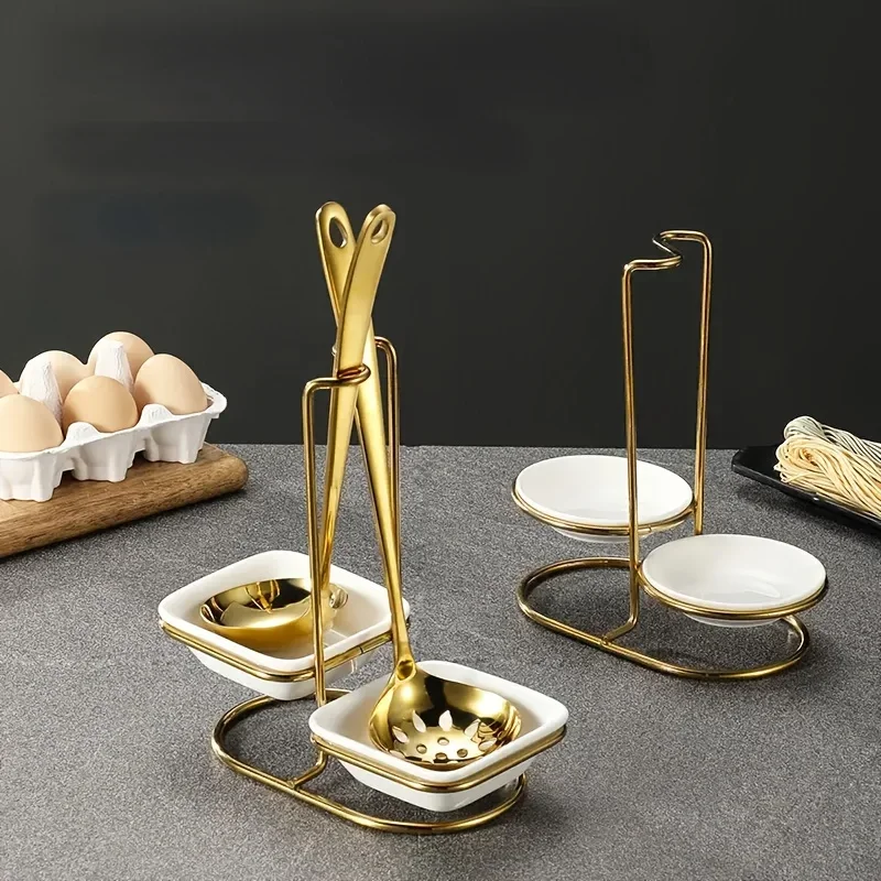 Light Luxury Stainless Steel Spoon Holder Easy To Clean Multifunctional Kitchen Utensil Holder Ceramic Tray Kitchen Tools