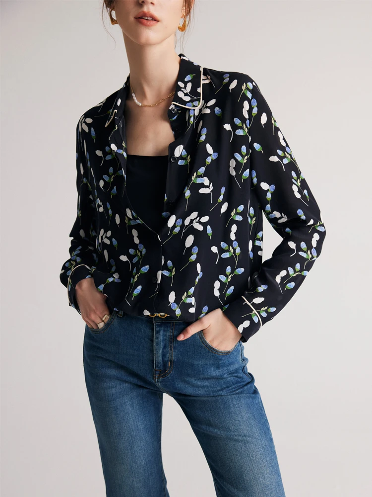 SuyaDream Women Floral Shirts 100%Pure Silk Turn Down Collar Printed Chic Blouses 2023 Spring Summer Office Lady Top Navy