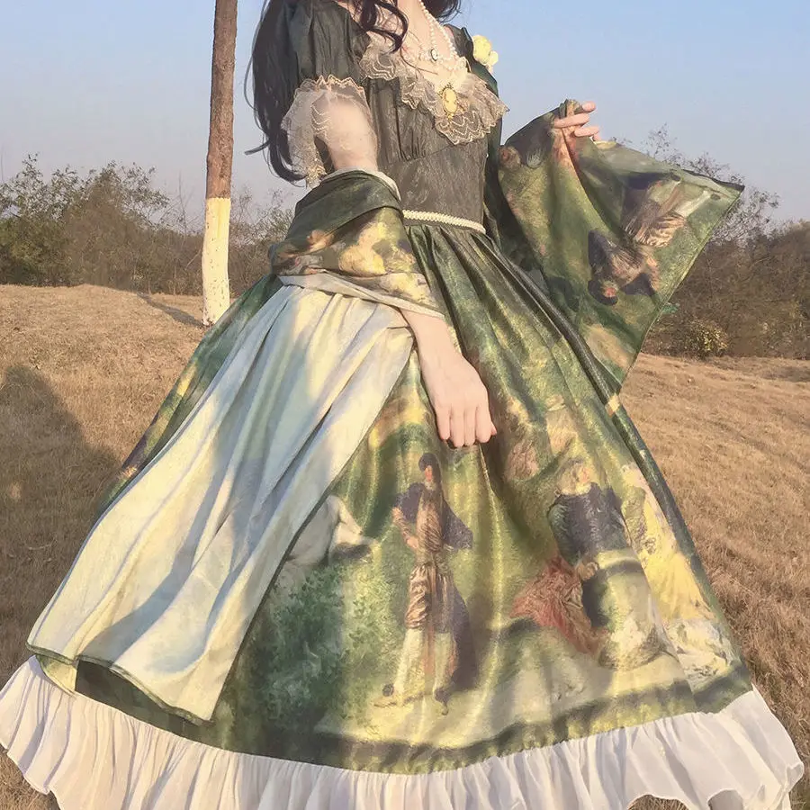 Elegante lolita vestido floresta bola pintura a óleo doce lolita jsk princesa tribunal estilo vestido chá festa adulto meninas lo vestido