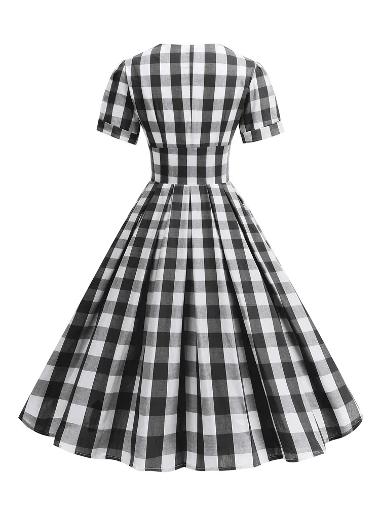 2025 New Vintage White and Black Plaid V-Neck Buttons High Waist Rockabilly Dresses Women's Elegant Gingham Pleated Retro Dress