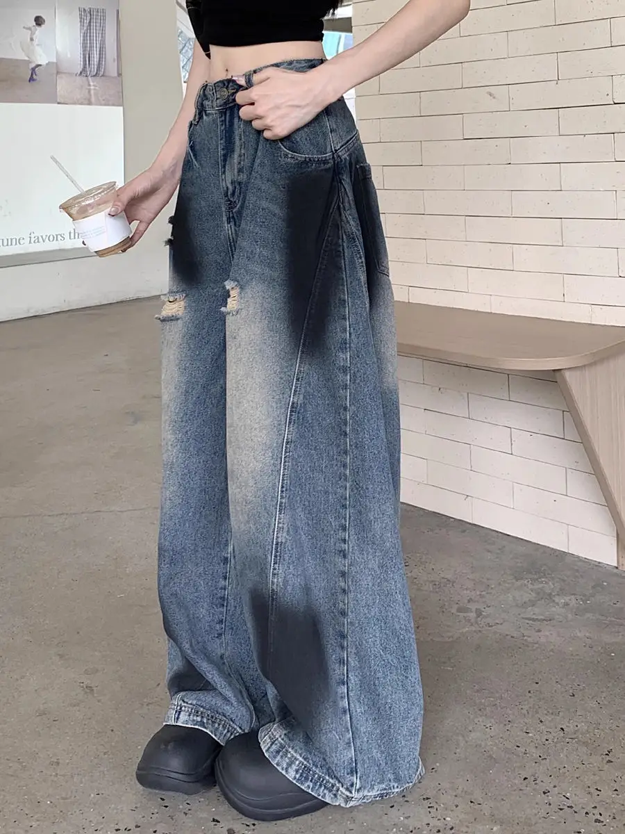 American Retro Ripped Old Jeans Women Spring Autumn New High-Waist Straight-Leg Pants Draped Loose Wide-Leg Floor Trousers