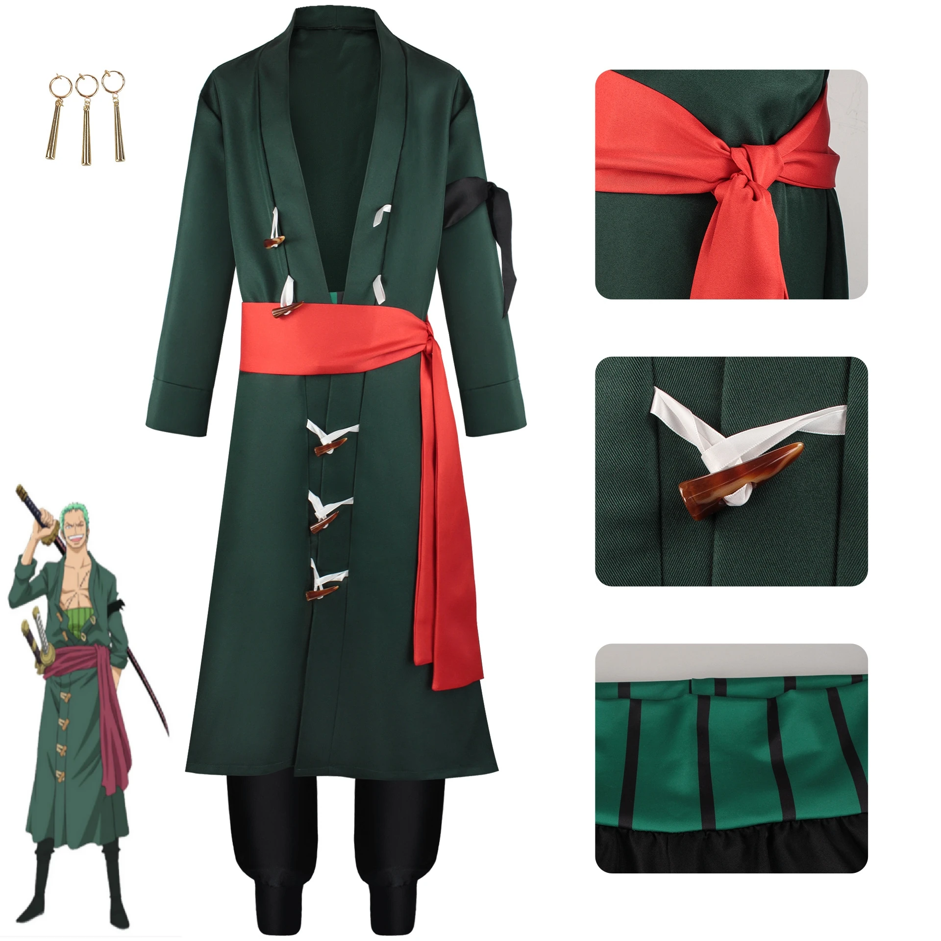 

Anime One Piece Roronoa Zoro Cosplay Costume Coat Pant Belt Earrings Outfits Fantasia Men Women Halloween Carnival Disguise Suit