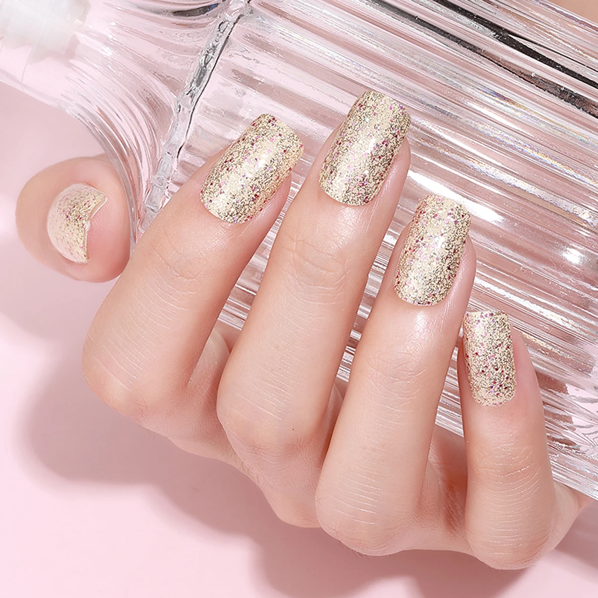 16Tips Full Cover Nail Stickers Glitter Champagne Nail Polish Stickers Long-Lasting Self Adhesive DIY Manicure Decoration