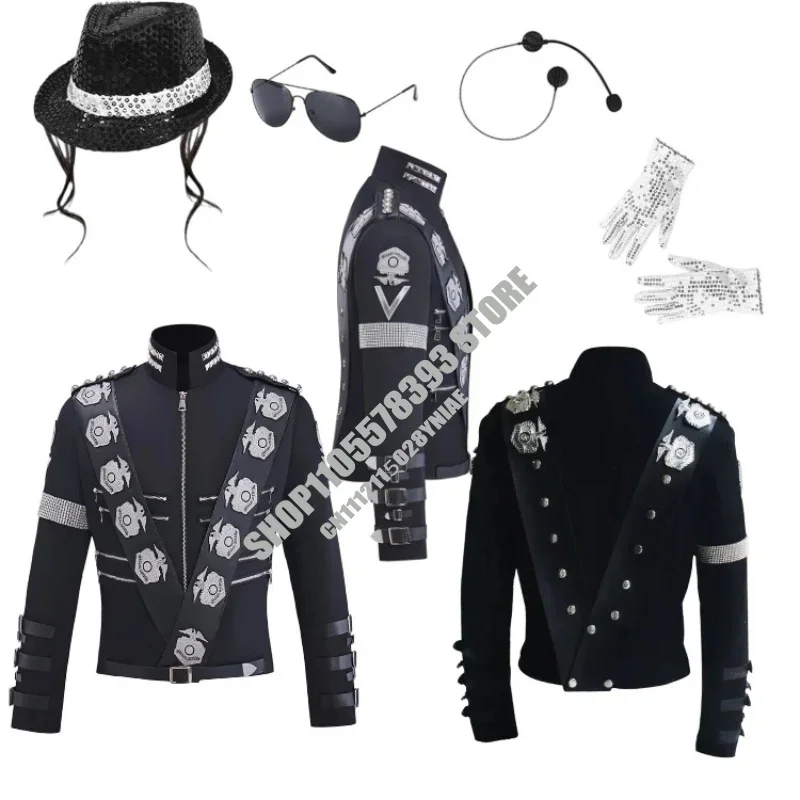 Impersonator Michael Jackson Costumes Jacket Stuff BAD Black With Silver Eagle Badges Punk Metal woolen Clothing