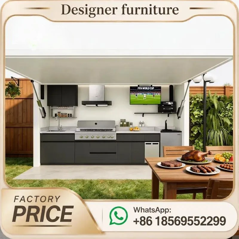 Custom Stainless Steel Motorized Retractable Roof BBQ Kitchen Pod Built In Grill Sink Storage For Garden Terrace Outdoor