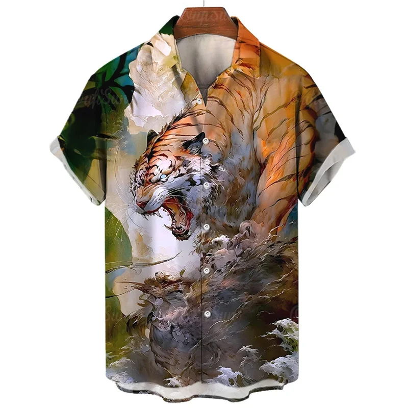 

Animal 3d Tiger Print Hawaiian Shirt Men Fierce Beast Pattern Short Sleeved Casual Cool Oversized Shirts Street Tops Blouse