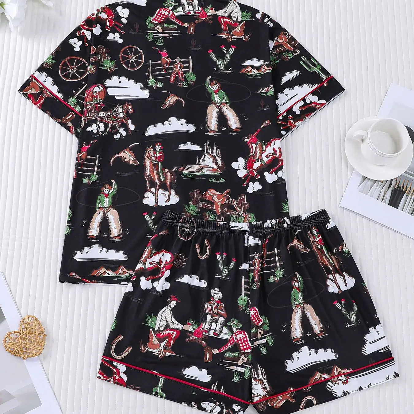 American Retro Western Cowboy Pajama Set for Women, Flip Collar Short Sleeve Shorts, Casual Vacation Home Clothes