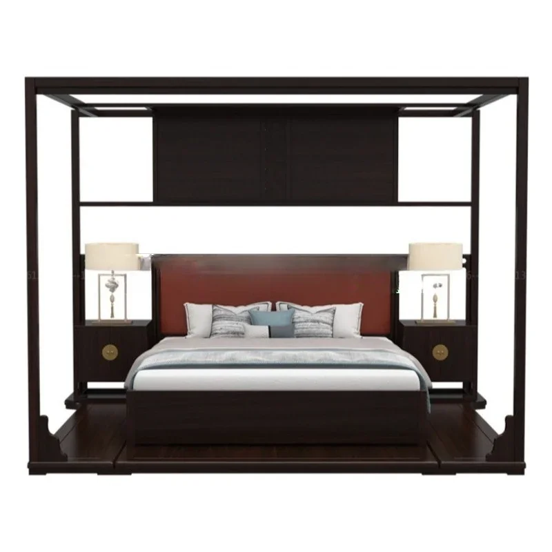 

Designer Modern Shelf Bed, Ebony Solid Wood Pillar Bed