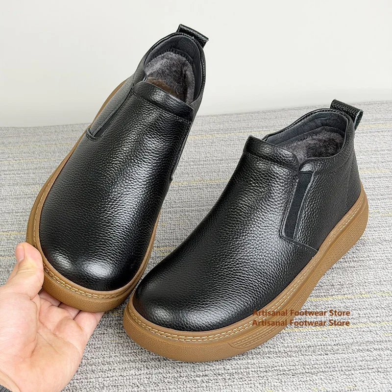 Black Leather Men's Shoes Winter Mid-Top Cowhide Thick-Soled Soft Leather Soft-Soled Men's Boots Trendy Slip On Men Shoes