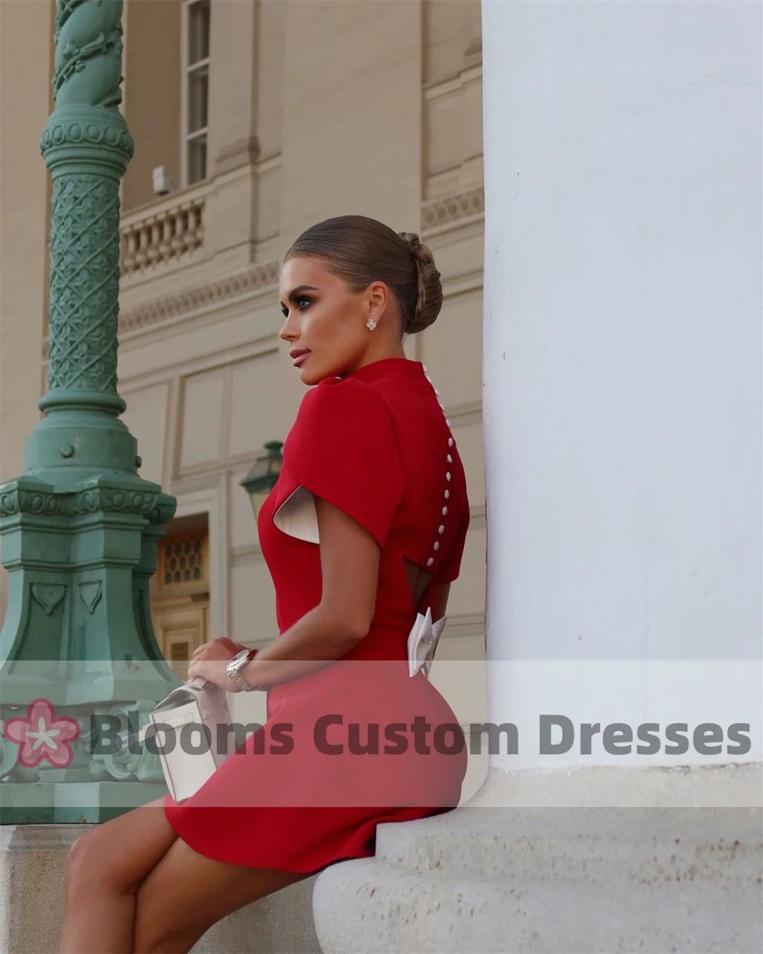 Customized Crepe Mini Prom Dresses For Special Occasion Buttons Bow Short Sleeves Vintage Elegant Women Party Gown Evening Dress