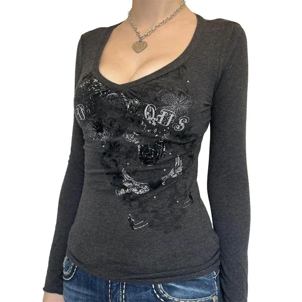 

Women's Long Sve T-irt Gothic Print Punk Sle Autumn Faion Casual Comfortable Cotton Top for Ladies