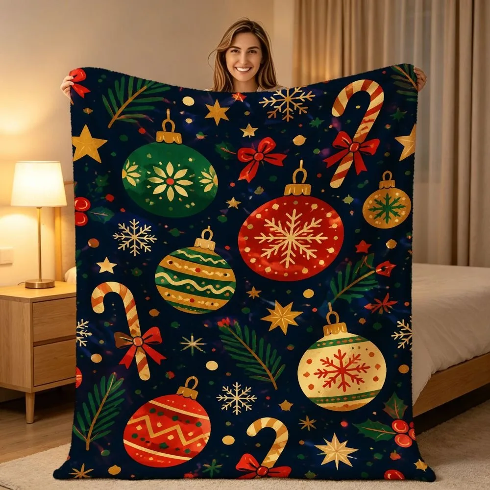 Xmas Foliage Throw Blanket Dark Green Background Poinsettia Berry Snow Print Soft Warm All Season Blanket for Sofa Couch Bedroom