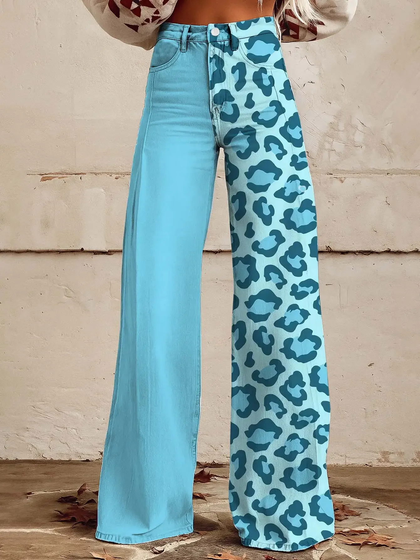 Fashionable and casual leopard print loose flared imitation jeans, comfortable and slimming women's pants for all seasons