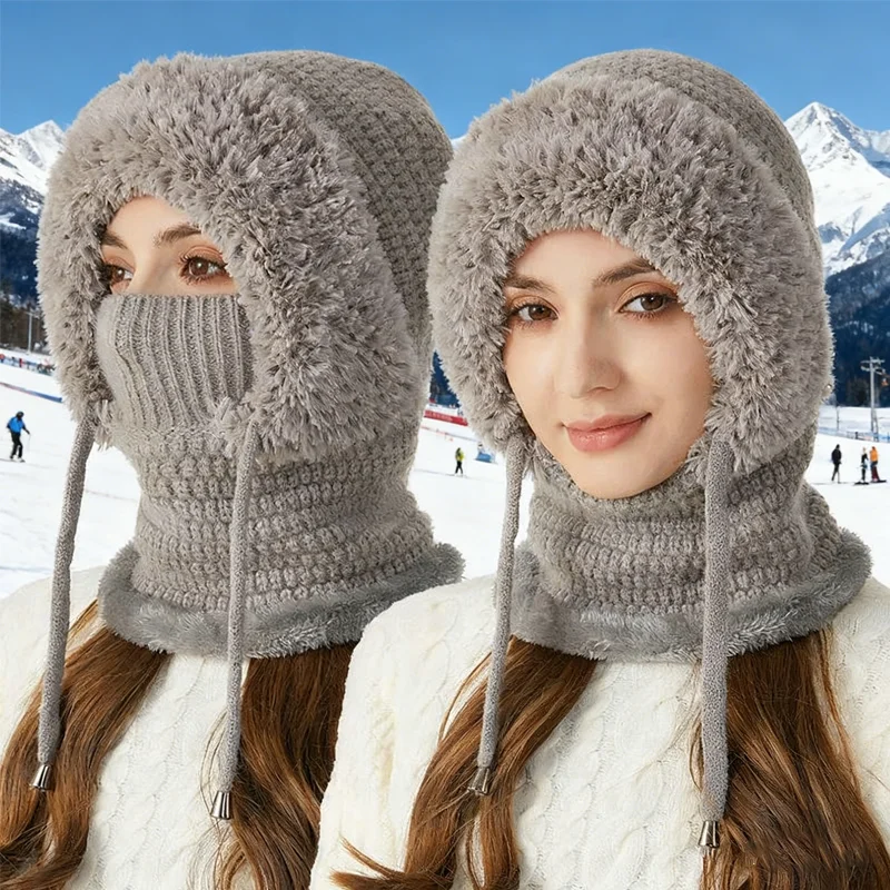 3 in 1 Beanie Hat for Women Winter Cold Weather Knitted Hats Wind Resistant Hooded Scarf Thick Plush-Lined