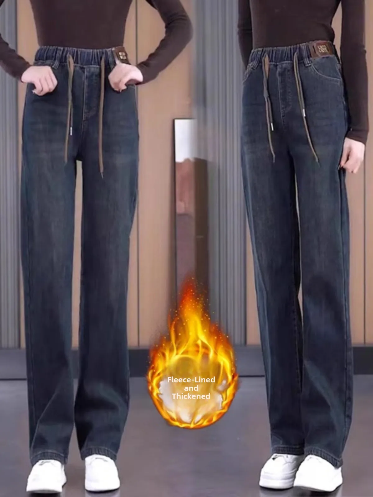 

Deep Blue Elastic Waisand Stretchy Wide Leg Denim Jeans Women's Fce Lined Thiened Straight Cut Trousers Winter New Sle