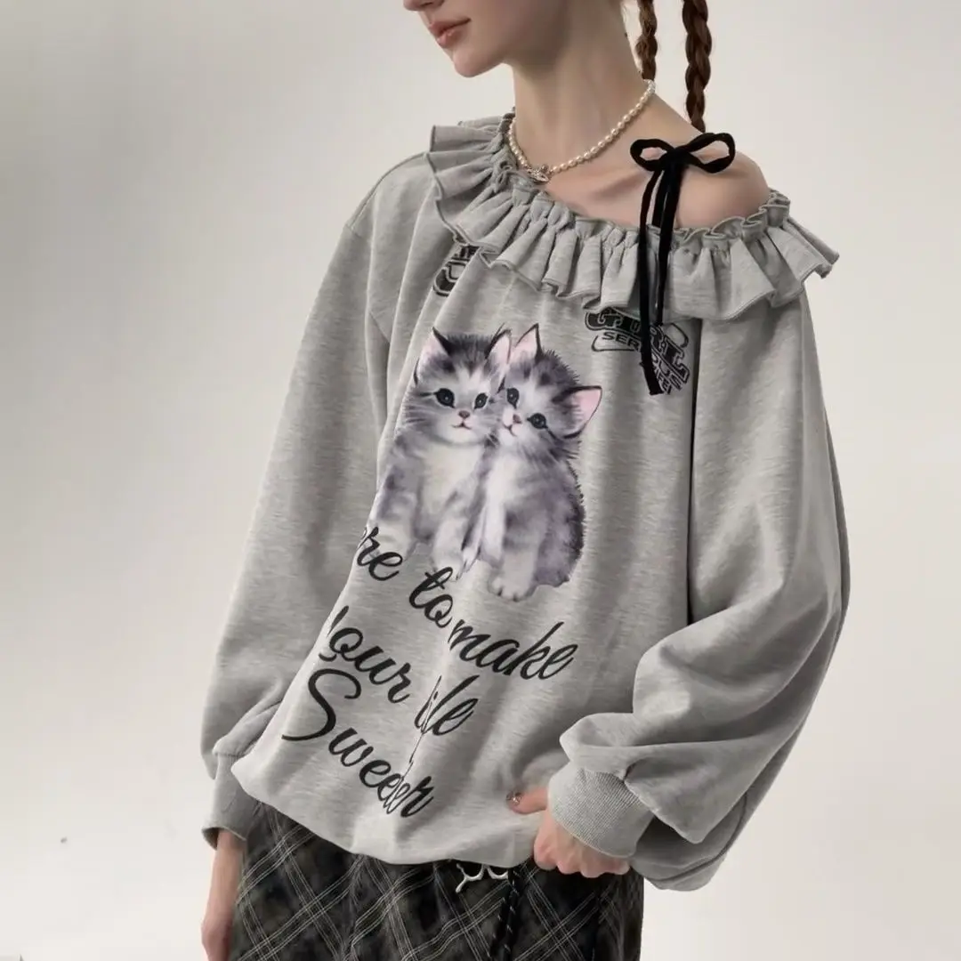 

Pullover Sweatshirt Cat Print Off-Shoulder One-Shoulder Design Autumn Winter American Retro Top Loose Lazy Style Women Trend