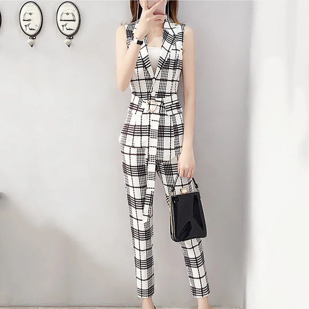 Women\'s Summer Plaid Set Sleeveless Tops Fashion Nine-Point Pants Woman Office Ladies Two Piece Business Pants Femme Suit  Outfi