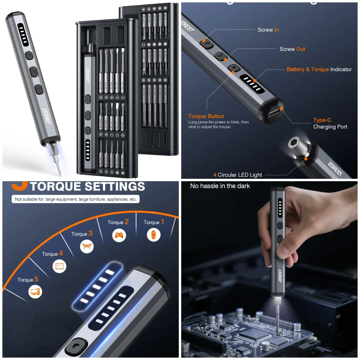 

Mini Electric Screwdriver, 38-in-1 Magnetic Bit Set, 5 Torque Settings, LED Light, Repair Kit for iPhone, Laptop, Drone, Camera,