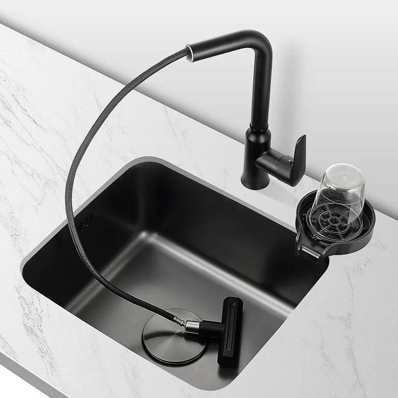 Black Nano 304 Stainless Steel Sink Kitchen Small Square Vegetable Basin Single Slot Under Counter Bar Island Balcony