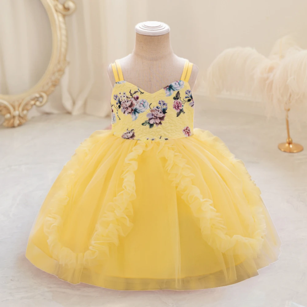 

Summer Flower Baby Girl Party Dress Fluffy Tulle Shoulerless 1st Birthday Wedding Princess Dresses Girls Bridemaids Baptism Gown