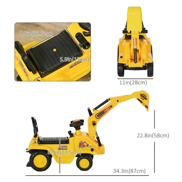 NO POWER 3 in 1 Ride On Toy Excavator Digger Scooter Pulling Cart Pretend Play Construction Truck