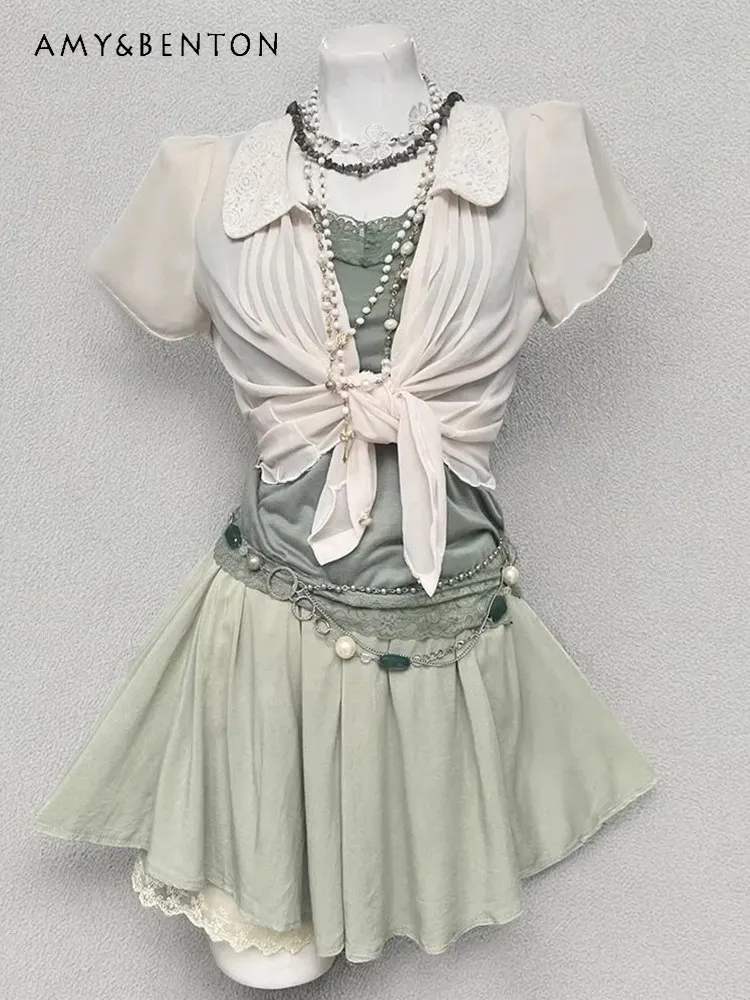 

2026 Summer New Women's Japanese Retro Style Slim Lightweight Beige Cardigan Green Inner Top Short Skirt 3 Piece Set