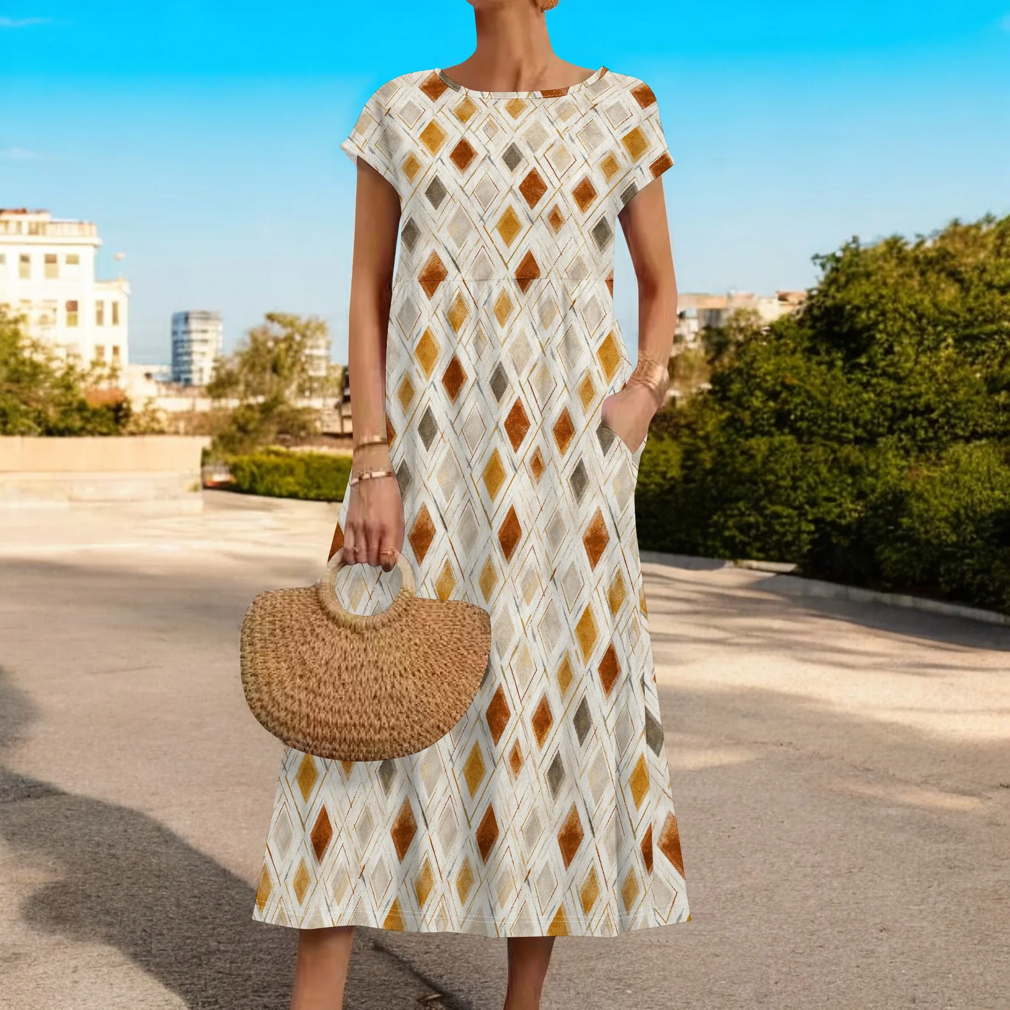 فساتين ماكسي نسائية بوهو ملونة بياقة دائرية وطبعة زهور فستان شاطئ صيفي كاجوال بأكمام قصيرة مع جيوب 2025