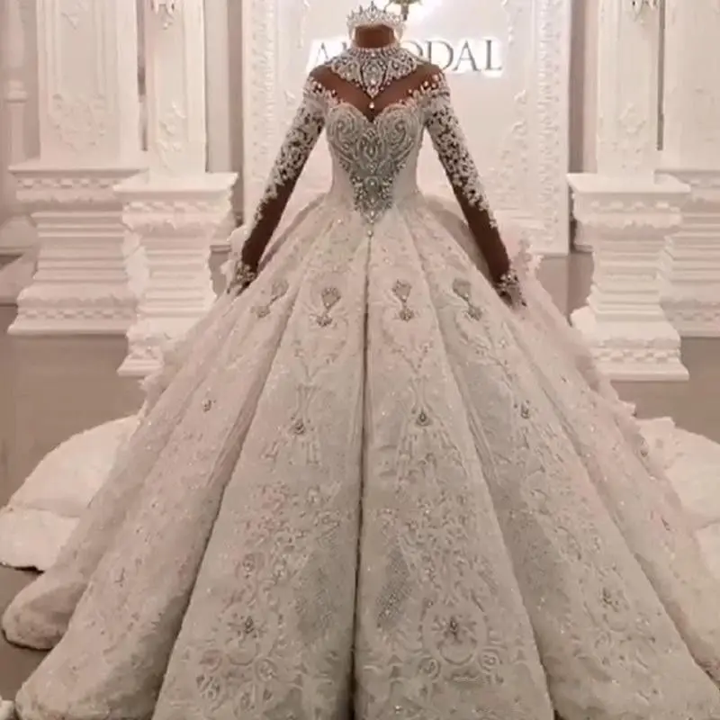 Customized Dubai Crystal Beaded Applique Lace Ball Gown Wedding Dress High Long Sleeve Hollow Back Vestido De Noiva Bride