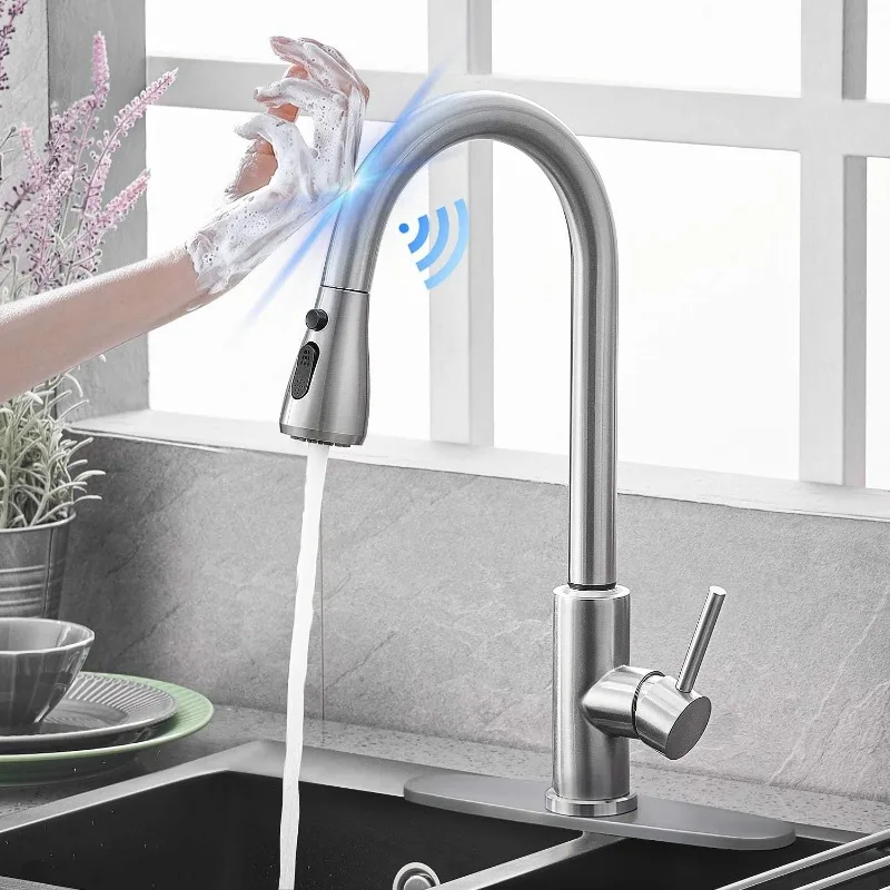 Nickel Touch Sensor Kitchen Faucet with Pull Down Sprayer, Single Handle High Arc Touch Activated Pull Out Kitchen