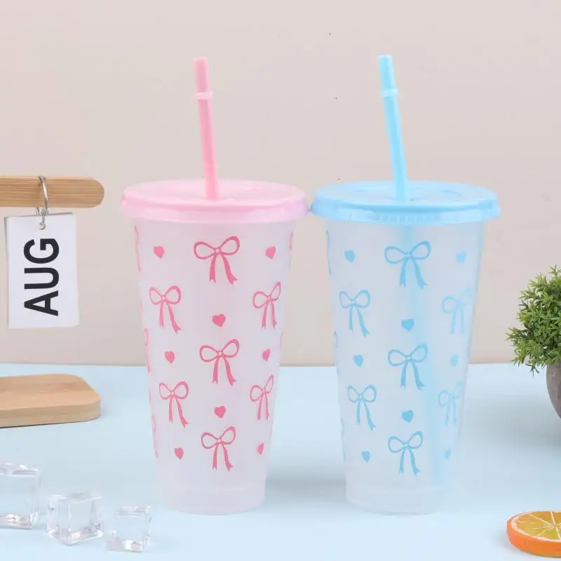 1PC 700ml With Lids Sippy Summer Sippy Cup Pink Bow Large Capacity Water Bottle Juice Milk Cup Cold Mug