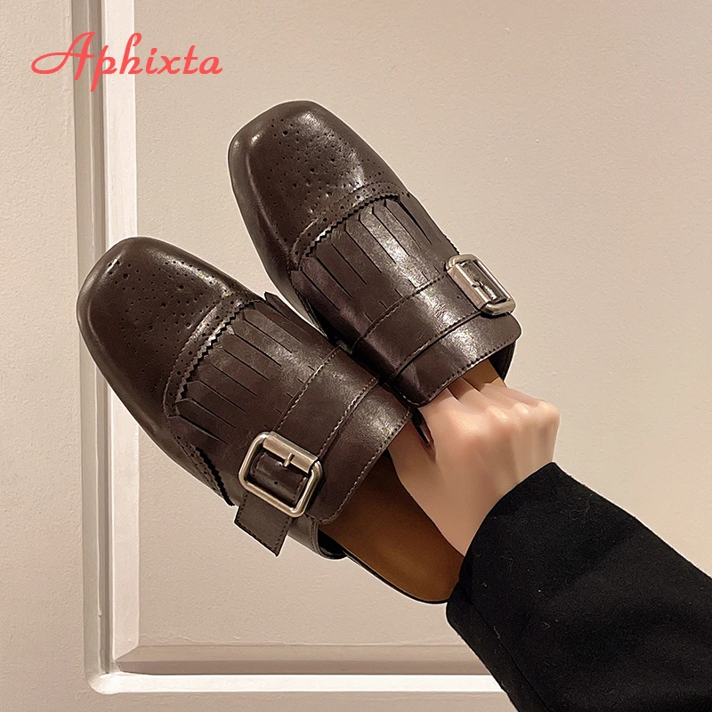 Aphixta Women's Mules Metal Buckle Decoration Fringe Women Fashion Shoes Slippers for Woman Sales on Shoes Brand Sandals Luxury