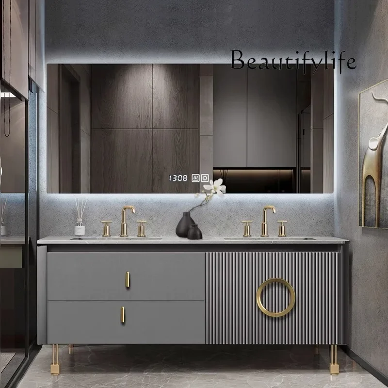 

bathroom cabinet combination bathroom oak washstand bending light luxury modern rock slab seamless ceramic integrated basin