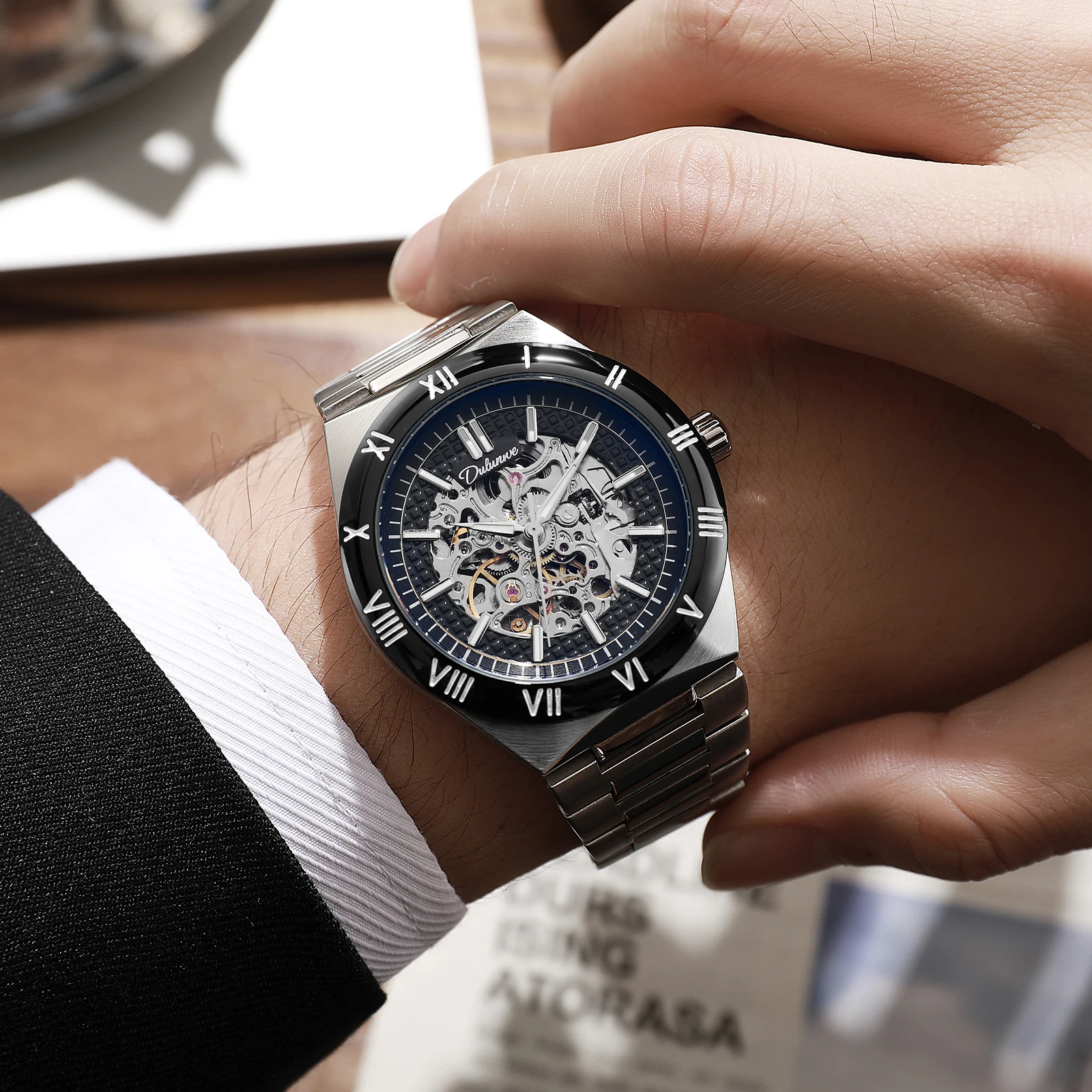 Dulunwe Men's mechanical automatic watch Constellation watch, skeleton design classic Roman numeral bezel