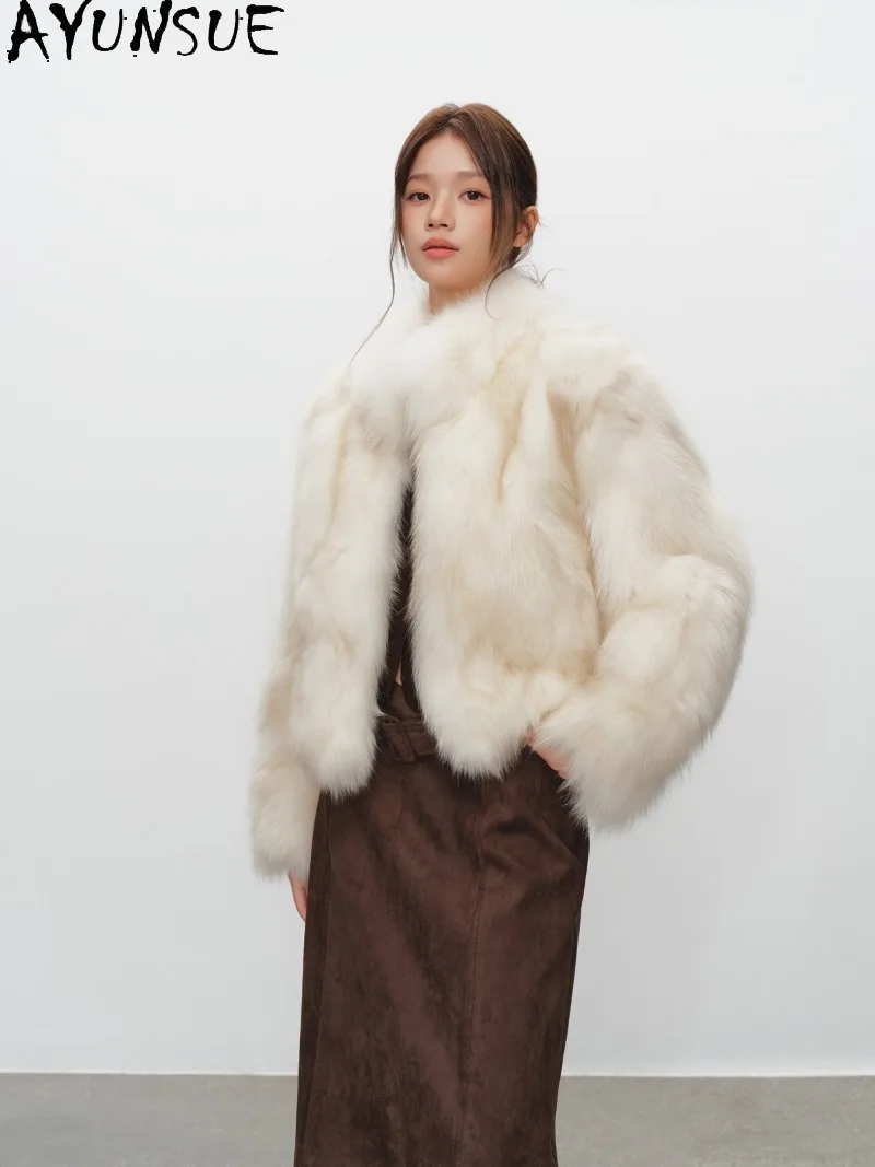 YUSNUE Womens Whole Skin Fox Fur Coat Stand Collar Genuine Fur Short Fluffy Jacket Ladies Winter Clothes Casaco De Pele Feminino