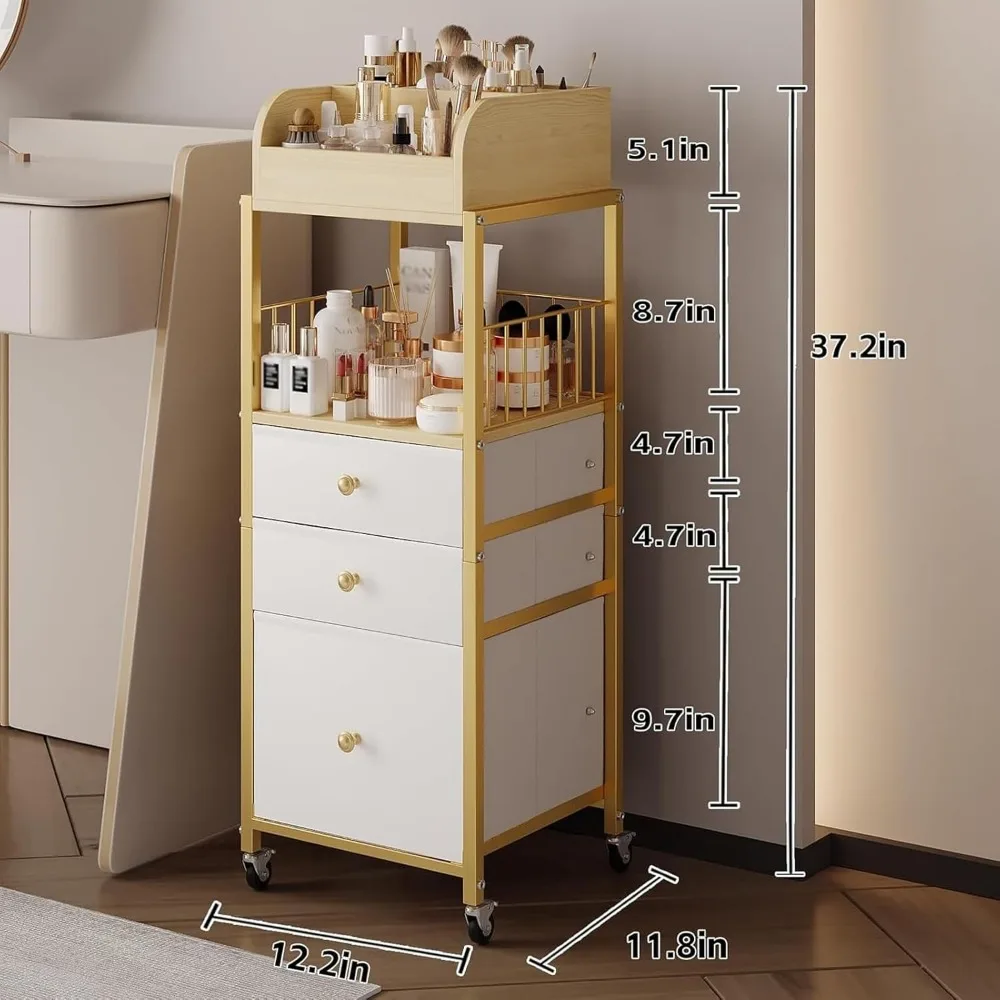 Gold Makeup Organizer Cart with Drawers, 3-Tier Storage for Skincare and Cosmetics
