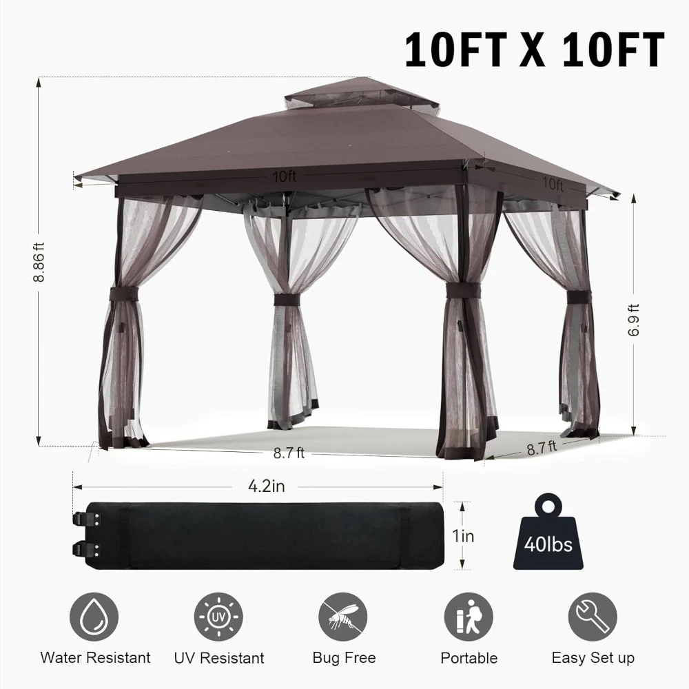 10x10 アウトドア ポップアップ ガゼボ - 瞬時設営キャノピーテント（蚊帳付き）、二重屋根換気式ガゼボキャノピーシェルター、パーゴラ
