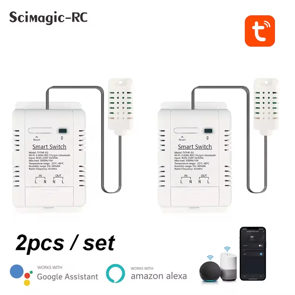 

2PCS Temperature and Humidity WIFI Smart Switch Receiver Controller Tuya Remote Control AC 85-250V Voice Control Work with Alexa