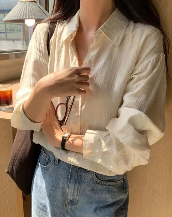 Frauen Hemd 2025, Herbst Winter Casual Minimalistischen Stil Polo Kragen Strickjacke Hemd Temperament Pendeln Retro Elegante Hemd