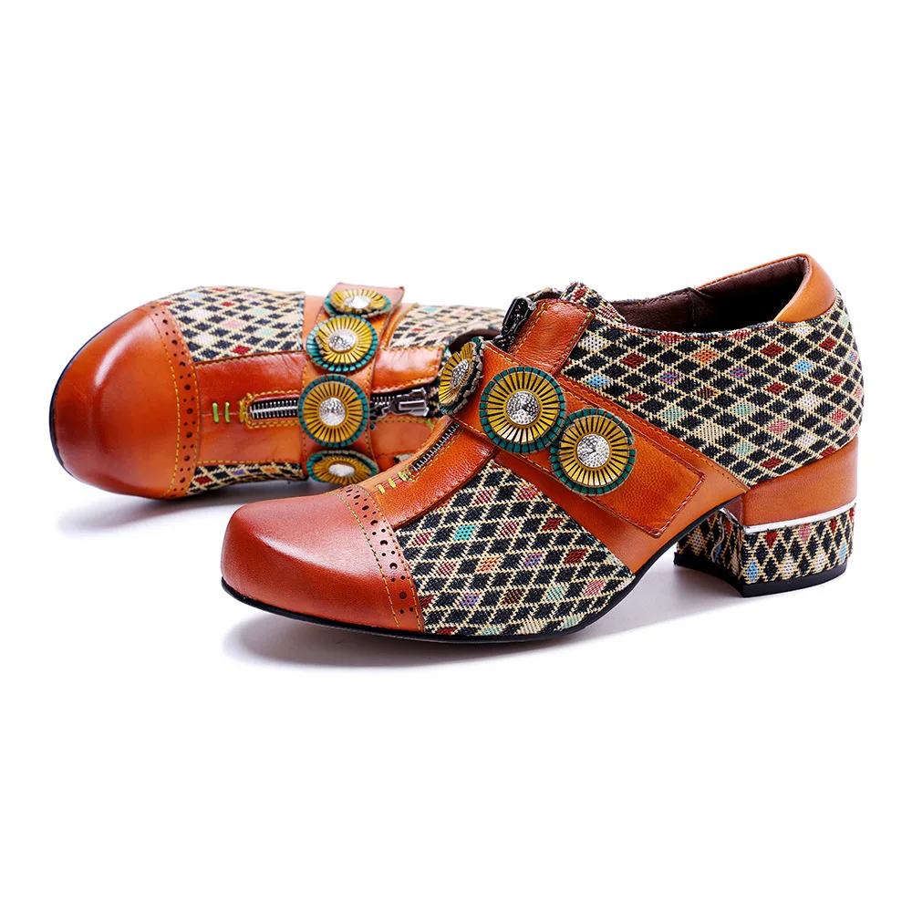 4.5CM Genuine Leather Women Shoes Plaid Splicing Flower Breathable Women Hook Loop Shoes Orange for Women Spring Autumn Shoes view 4