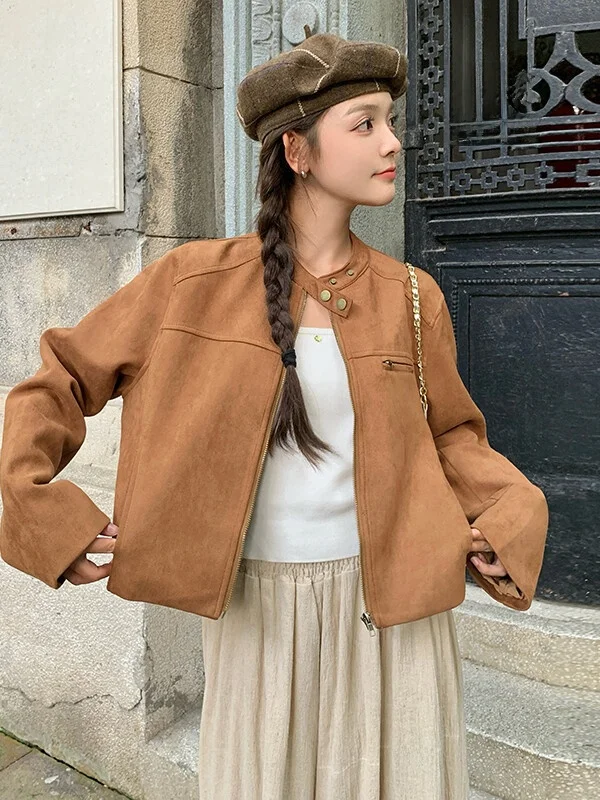 

Ele ort Suede Jaet Women's Spring Autumn Loose Casual Simple Sweet Cool Sle Faion Outerwear Ladies Coat