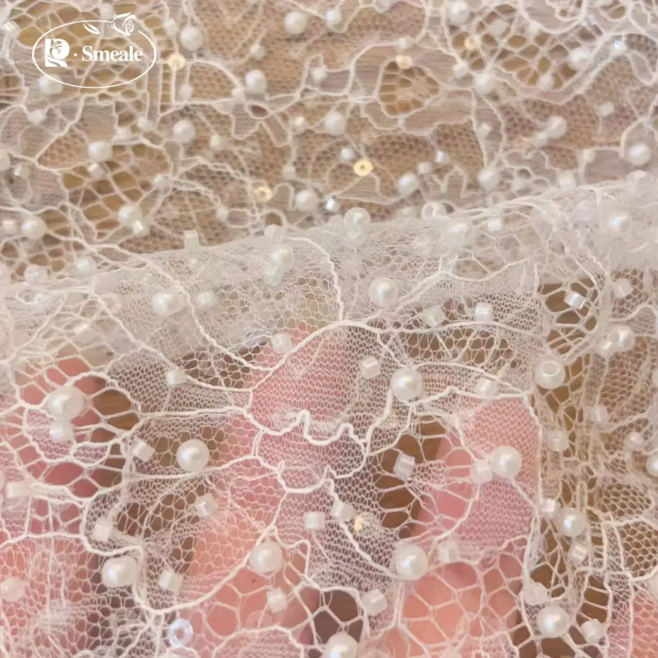 SMEALE Weiße Perlen Pailletten Spitzenstoff Luxuriöses Abendkleid Französische Spitze Braut Hochzeitsstoff. Stoffe zum Nähen. – Detail 8