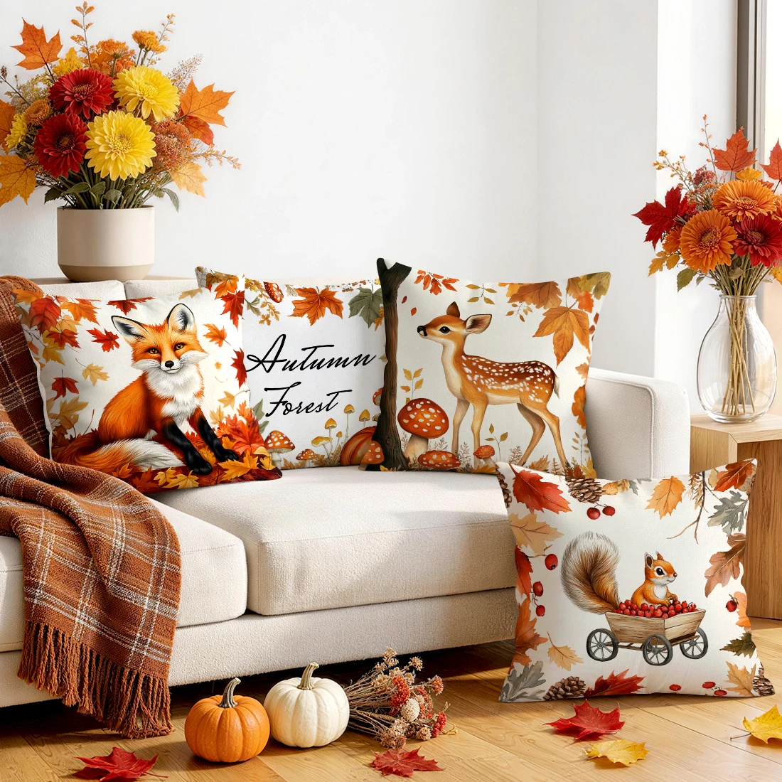 1pcs/4pcs Autumn Forest Fox Deer Cushions Pillowcase Polyester Cushion Cover Throw Pillow Pillowcover Home Car Sofa Decor