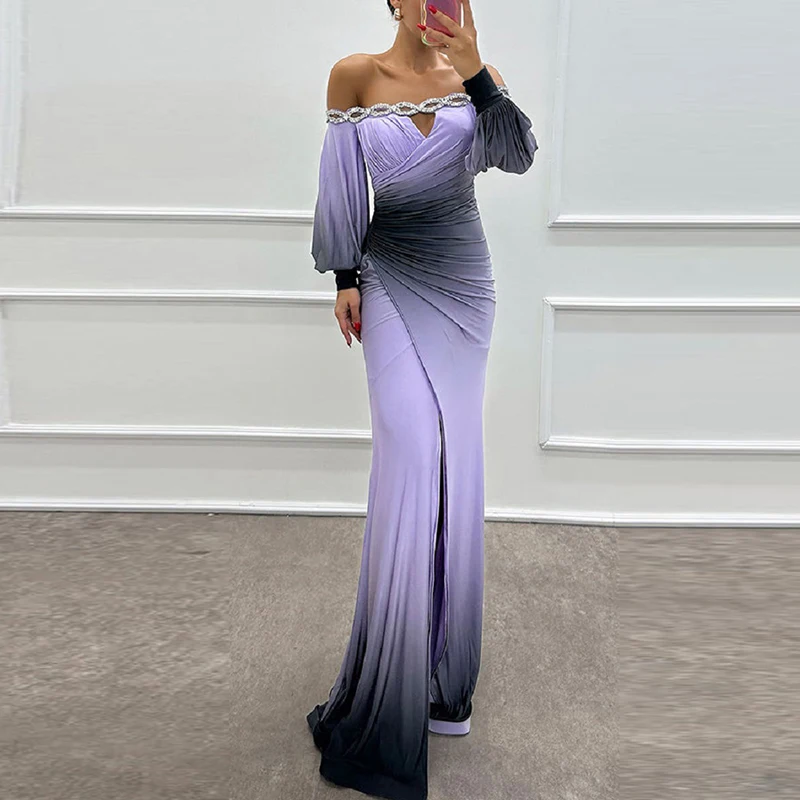 2024 Tie-dyed Bodycon Split Party Dress Chic Asymmetric Evening Dress Elegant Beading Decoration One Shoulder Gala Dress Women