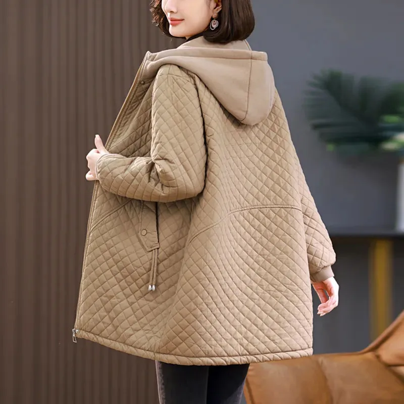 New Winter Warm Argyle Padded Jacket Female Long Loose Plus Fleece Cotton Clothes Middle-Aged Women Hooded Parker Overcoat Khaki