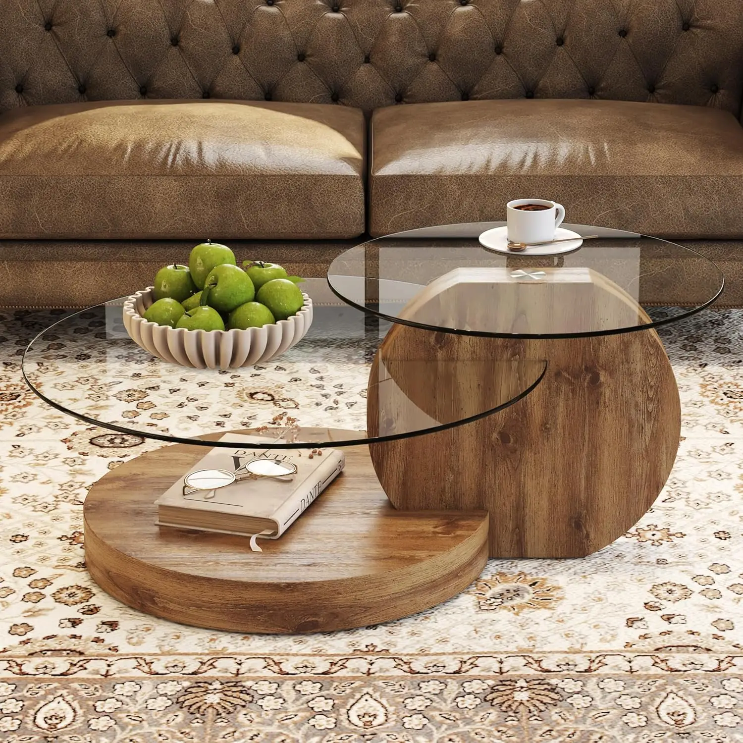 

Modern Glass Coffee Table,Small Round Coffee Tables, 35" 3-Tier Circle Wood Coffee Table For Living Room