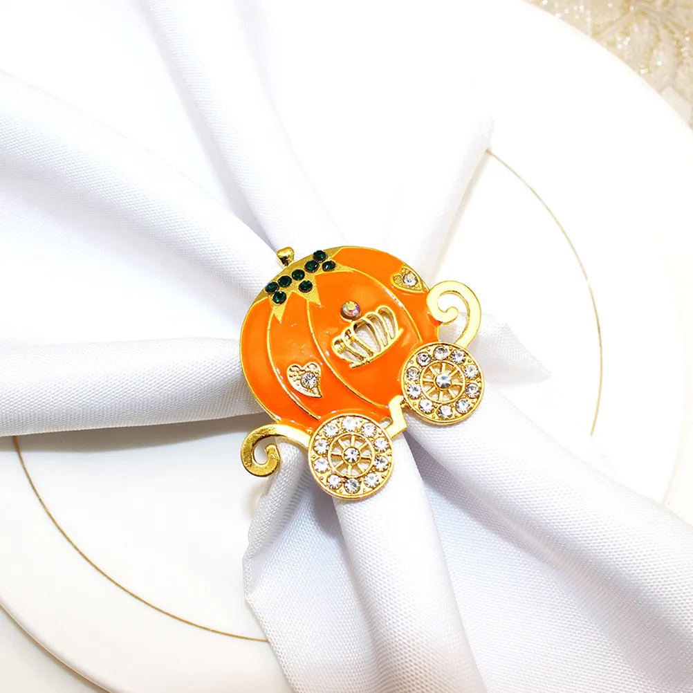 4Pcs Pumpkin Cart Napkin Ring Set Rhinestone Accented Alloy Napkin Holders for Formal Casual Gatherings Holiday Table Decoration