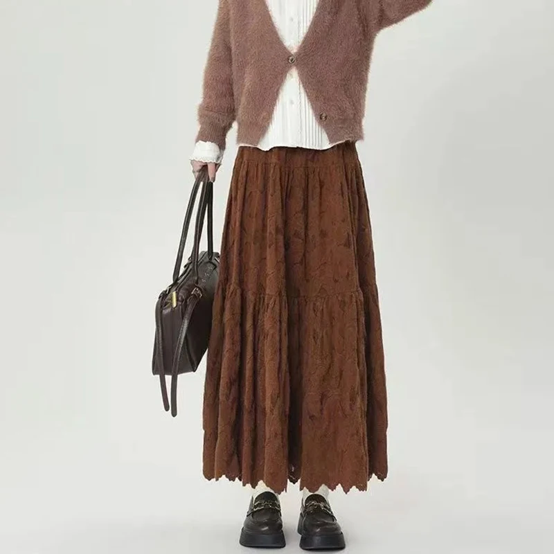 Vintage Lace Midi Skirts for Women Y2K Winter Plush Streetwear Patchwork A Line Skirts High Waist Loose All Match Long Skirts