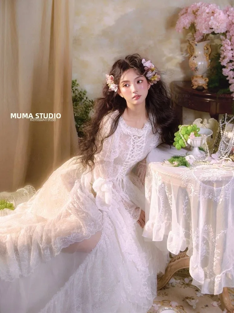 

Simple Vintage Oil Painting Style Art Photography Clothing Lace Dress for Studio Photography Teenage Girls Chinese Stage Costume