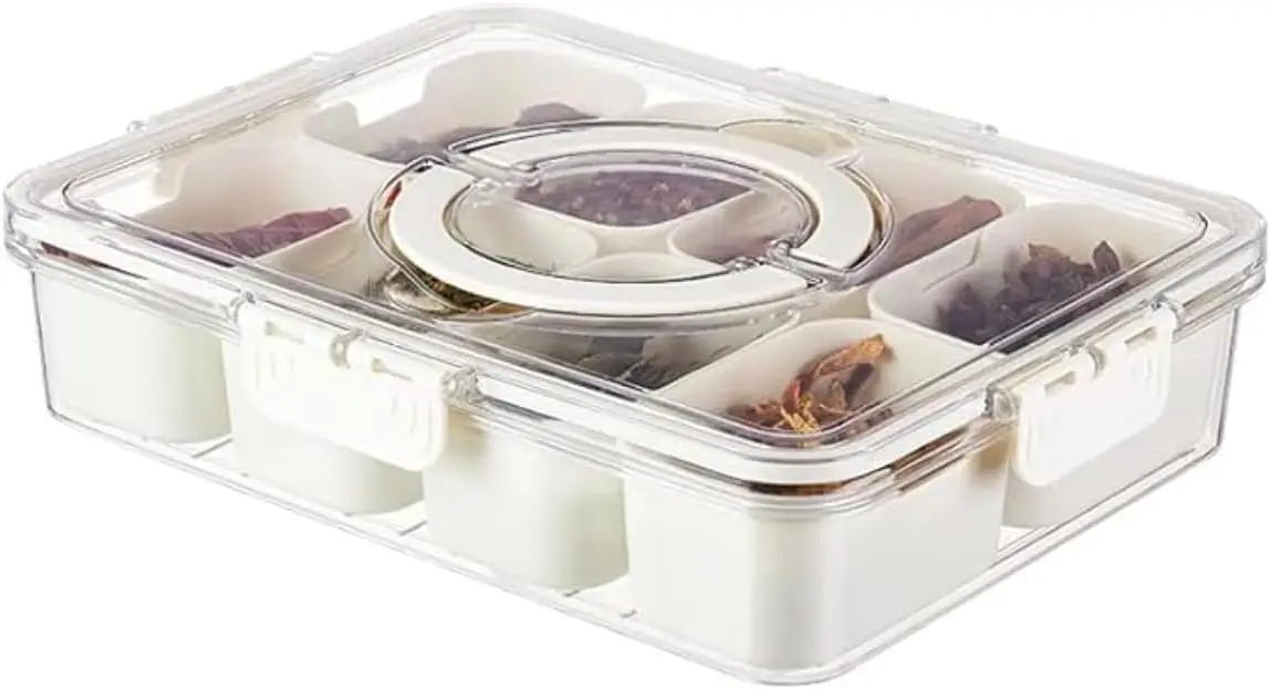 Snack  Container Set, 8 Compartments, Large with Handle, Lid, Dishwasher Safe, White, M1798